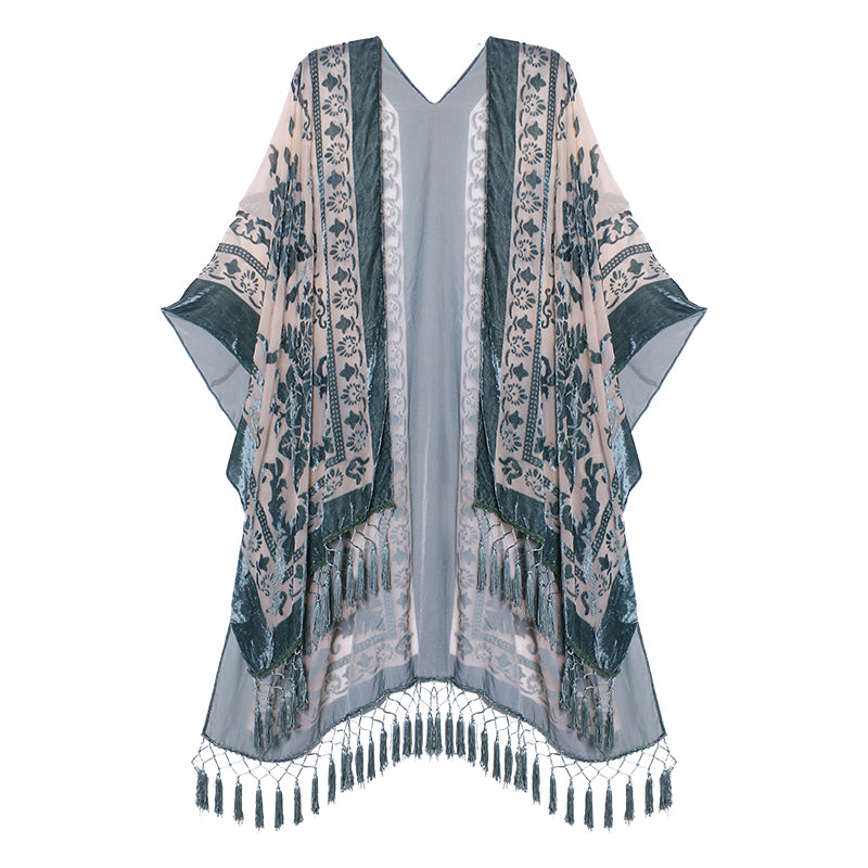 Velvet Mesh Tapestry Kimono: Luxe Tassel Accents