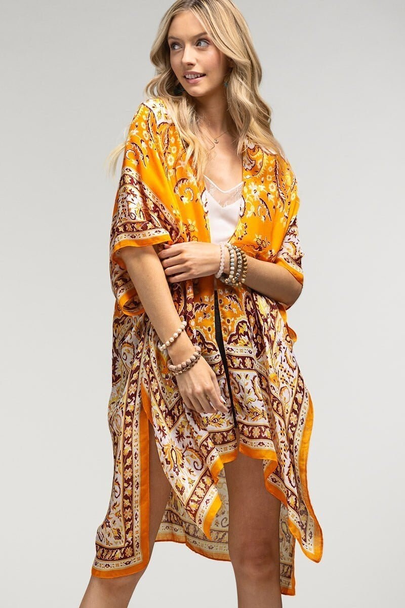 Summer Beachy Kimono Duster with Orange Paisley Mandala Pattern
