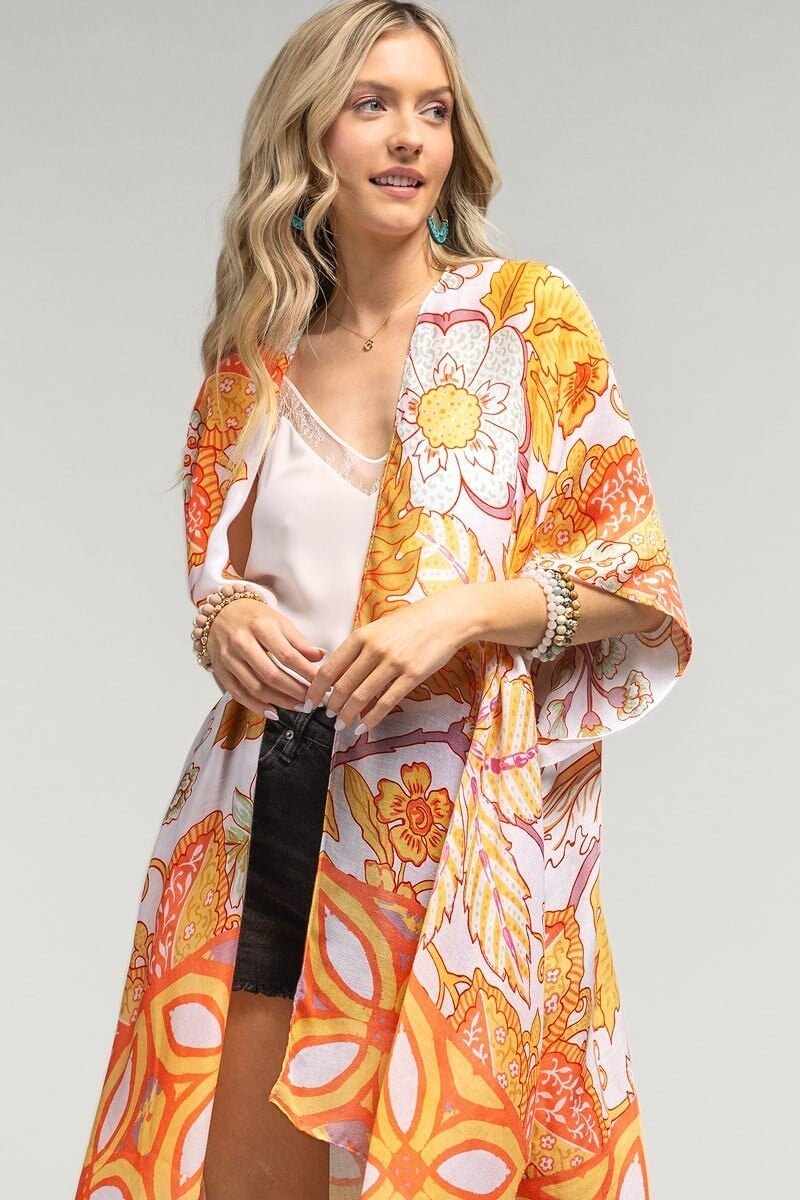 Summer Kimono Duster with Leaf Print