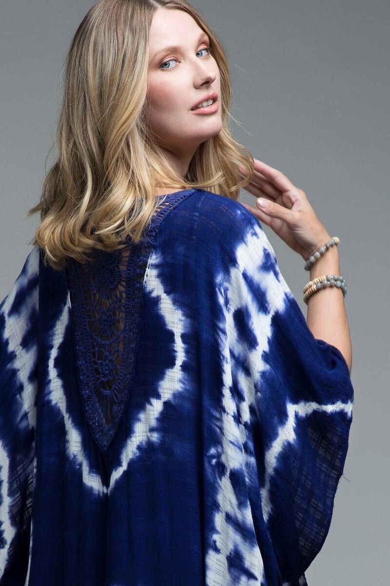 Kimono Duster with Navy Blue Tie Dye Print and Crochet Lace Back