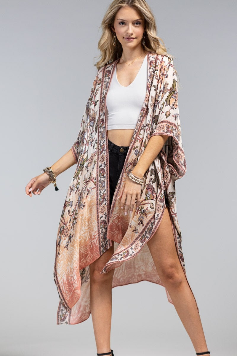 Paisley Kimono Cardigan with Bohemian Accent Gray Ombre Sleeves for Spring summer