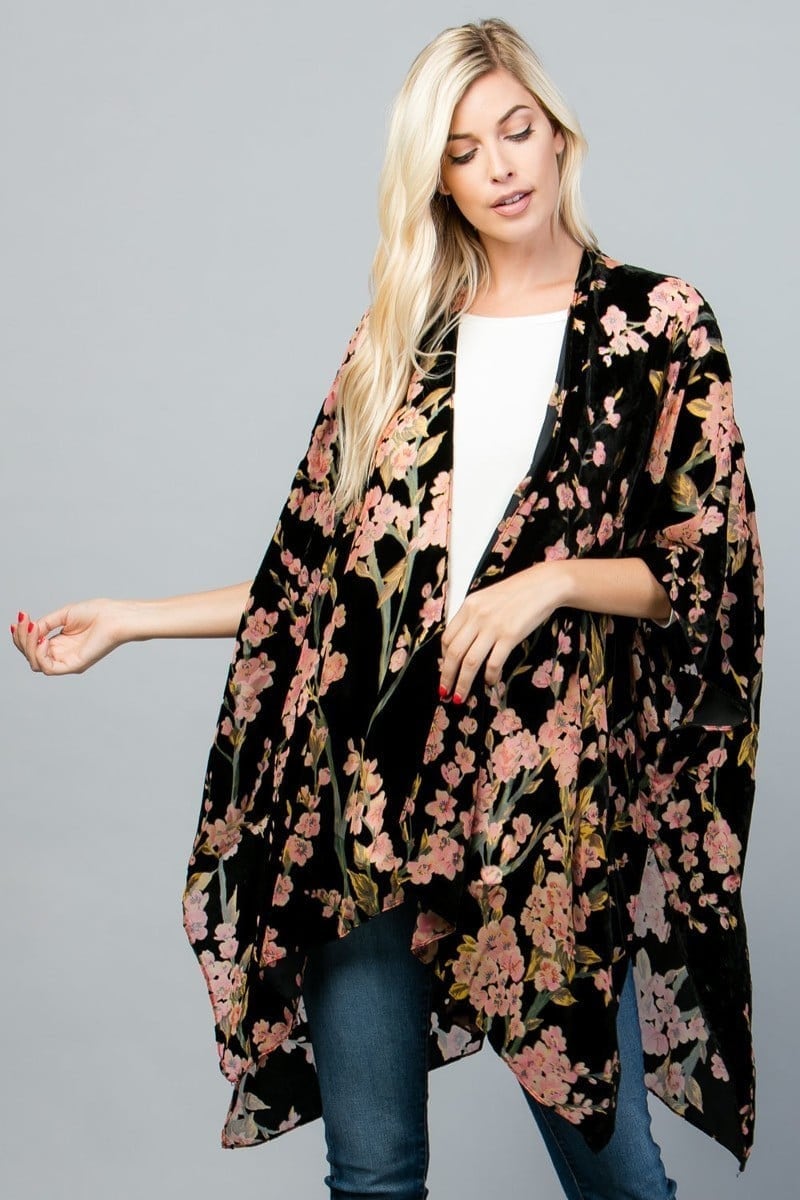 Velvet Burnout Kimono Cardigan with Bohemian Red Rose Flower Pattern and Tassel Duster for Spring summer