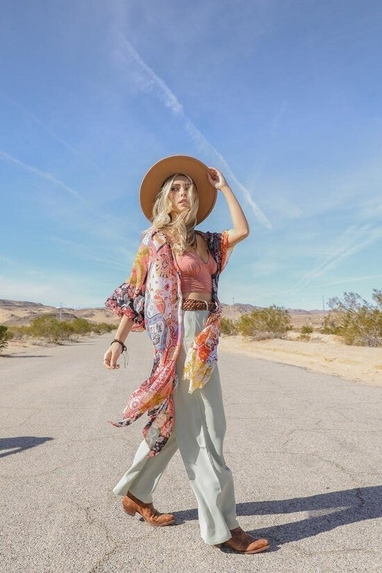 Lightweight Kimono Cardigan with Bohemian Boho Black Red Flower Print for Spring summer