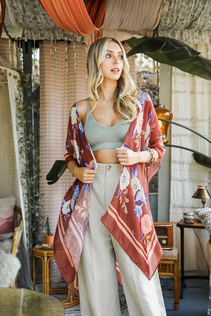 Summer Kimono Duster with Black Floral Mandala Print