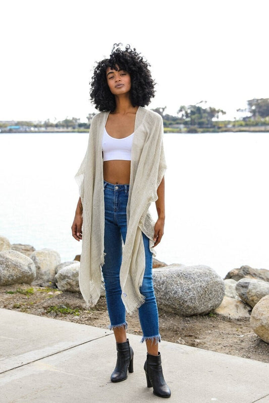 Beige Flowy Kimono Duster with Sequins