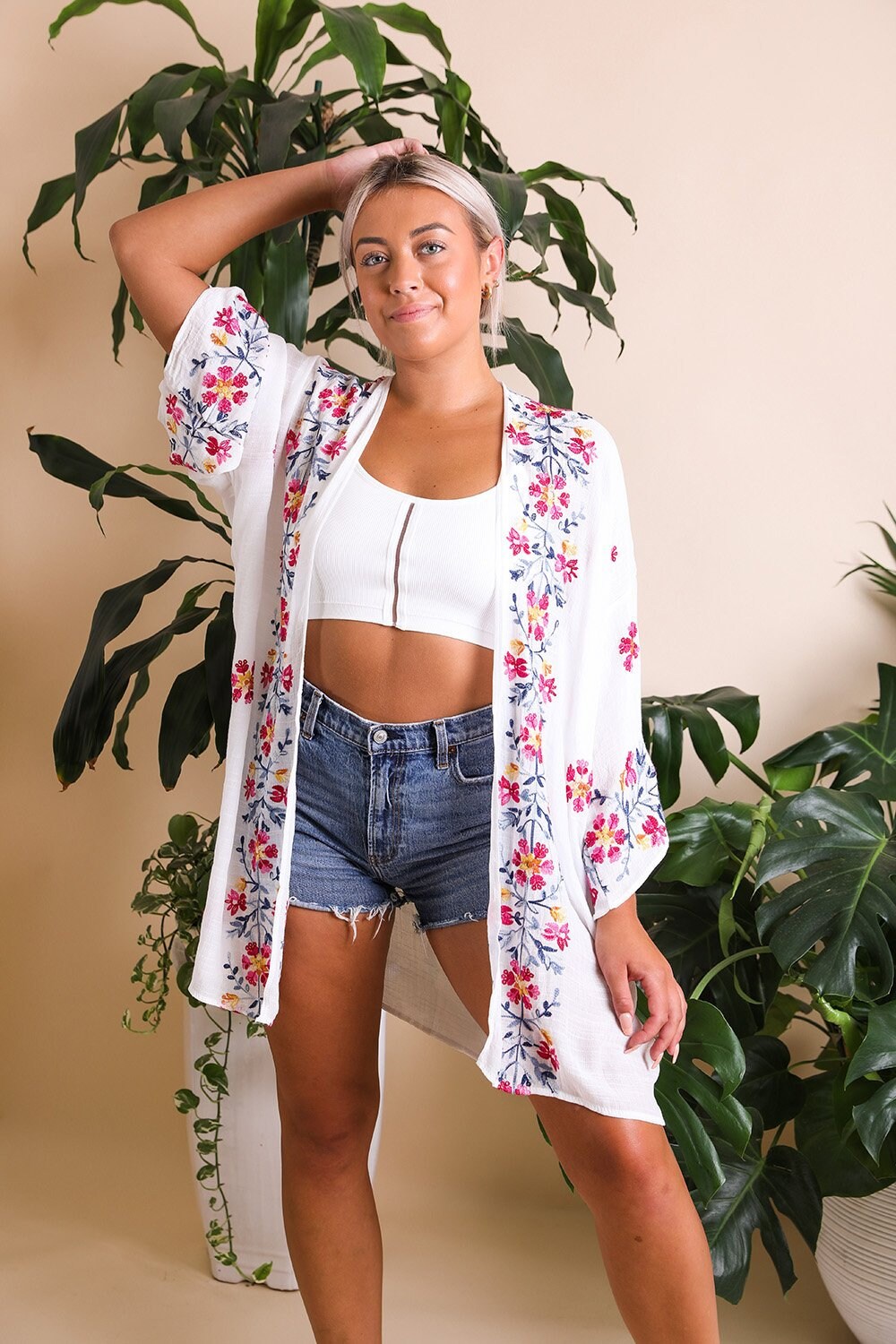 Floral Embroidered Kimono, Spring Floral Embroidered Kimonos in Pink