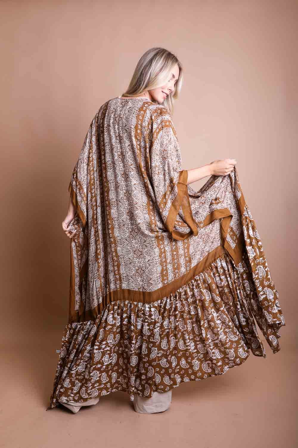 Ruffle Hem Kimono Duster with Paisley Pattern