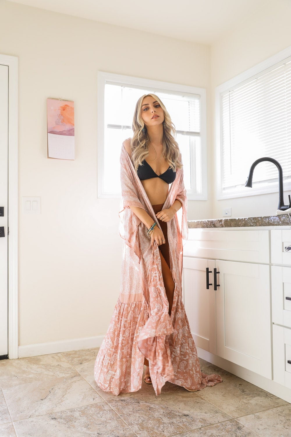 Ruffle Hem Kimono Duster with Paisley Pattern