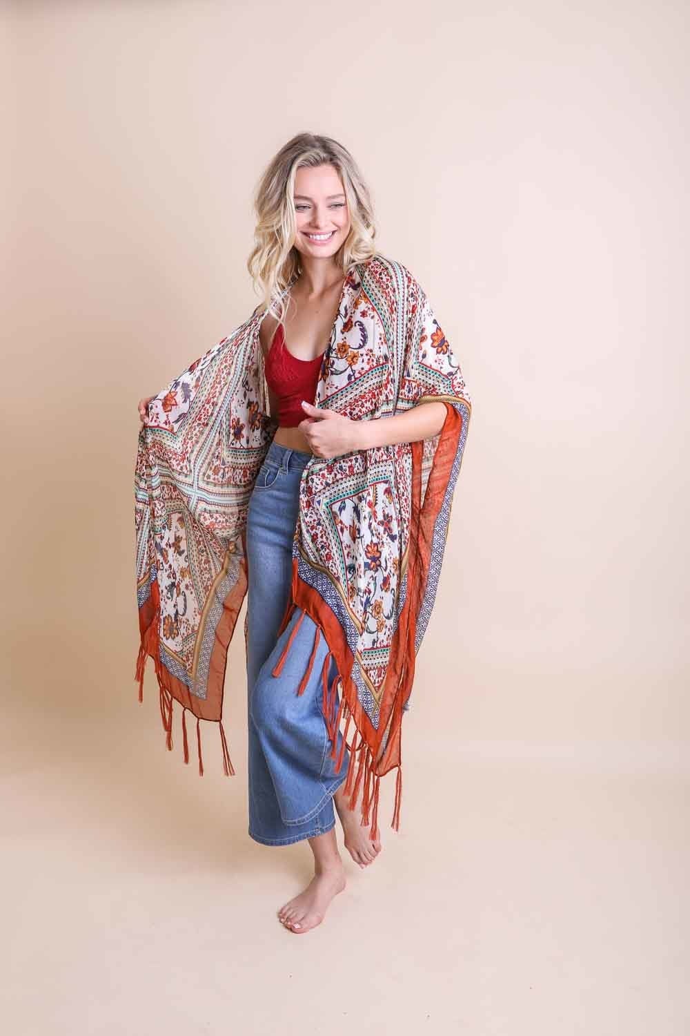 Boho Purple Tassel Kimono Duster