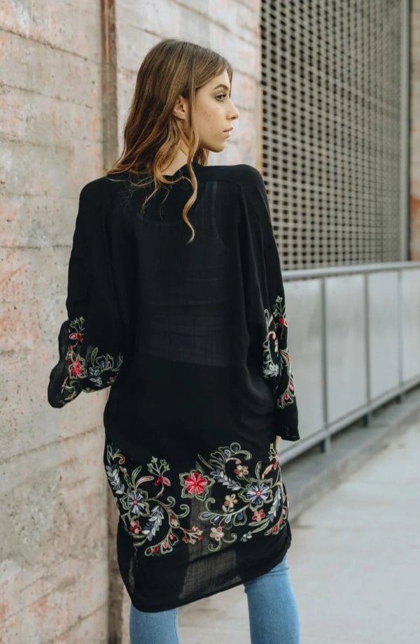 Embroidered Kimono, Taupe Brown Floral Embroidered Kimonos