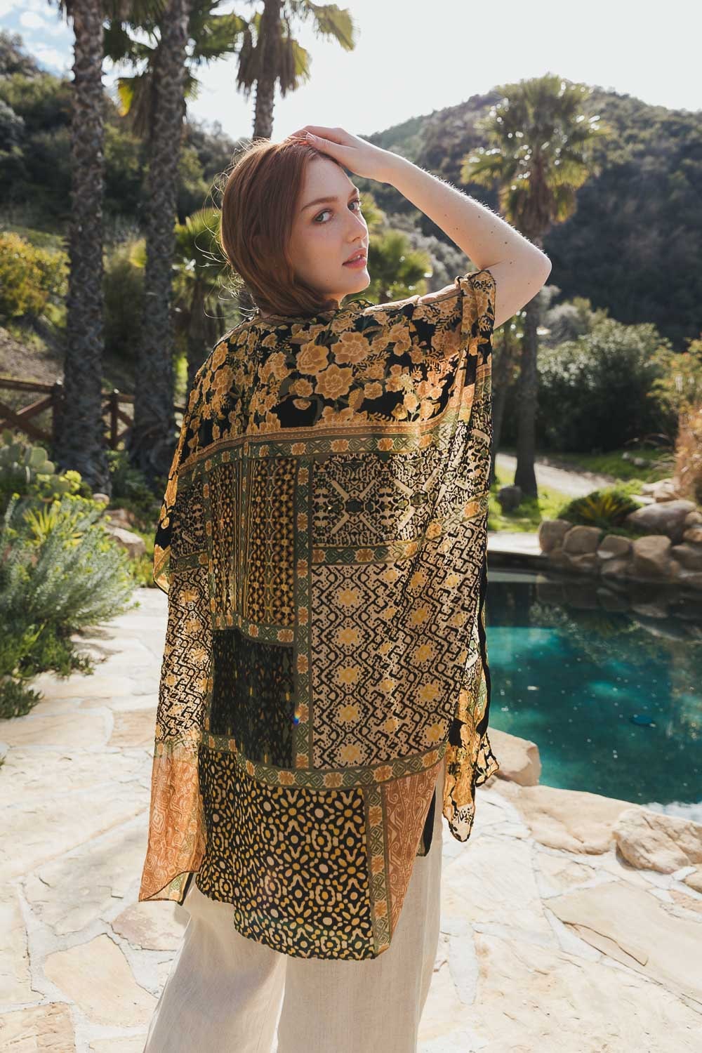 Spring Velvet Burnout Kimono with Boho Pattern