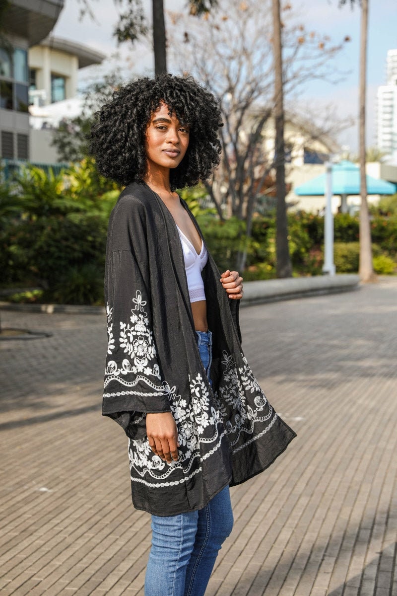 Embroidered Floral Kimono Cardigan