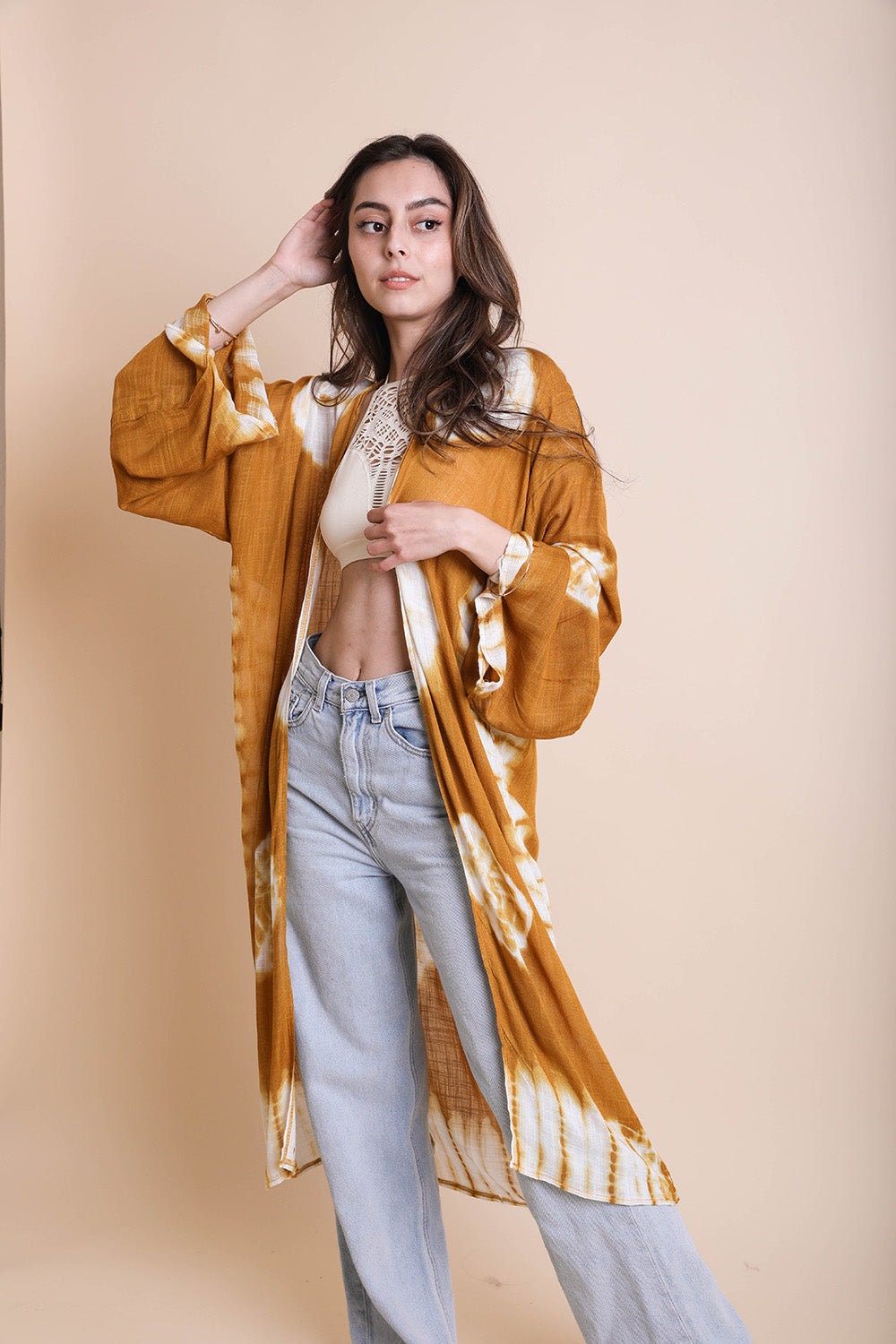 Orange Tie Dye Long Kimono Duster
