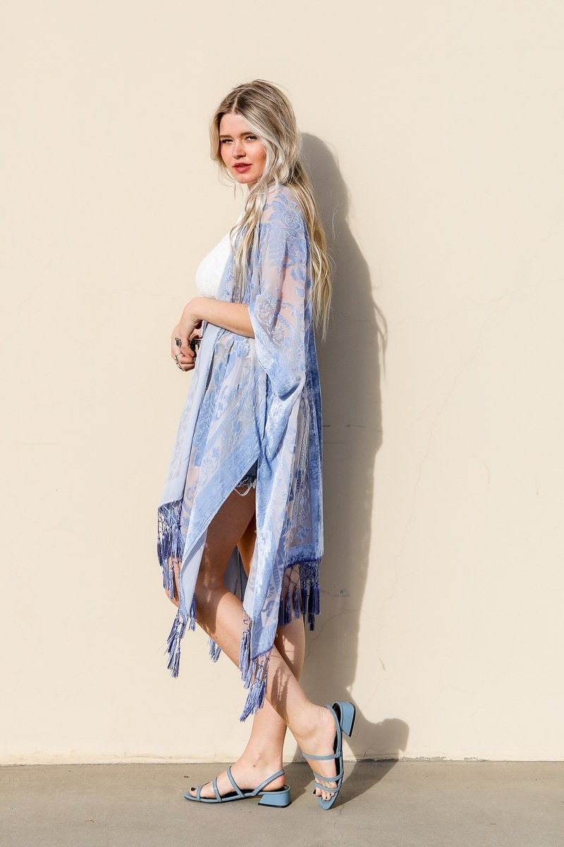 Lilac Velvet Burnout Kimono with Tapestry Pattern and Tassel