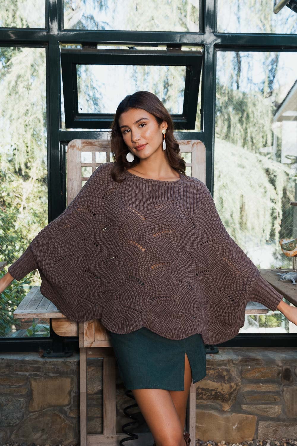 Boho Mocha Brown Winter Ponchos Ribbed Knit Pattern Poncho w/ Sleeves