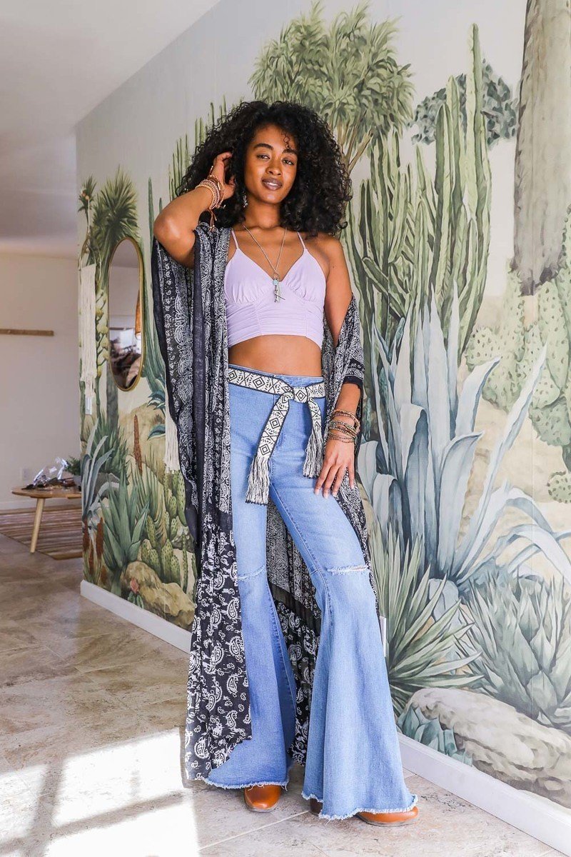 Ruffle Hem Kimono Duster with Paisley Pattern