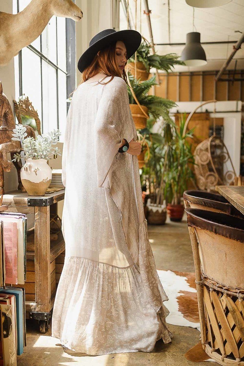 Ruffle Hem Kimono Duster with Paisley Pattern