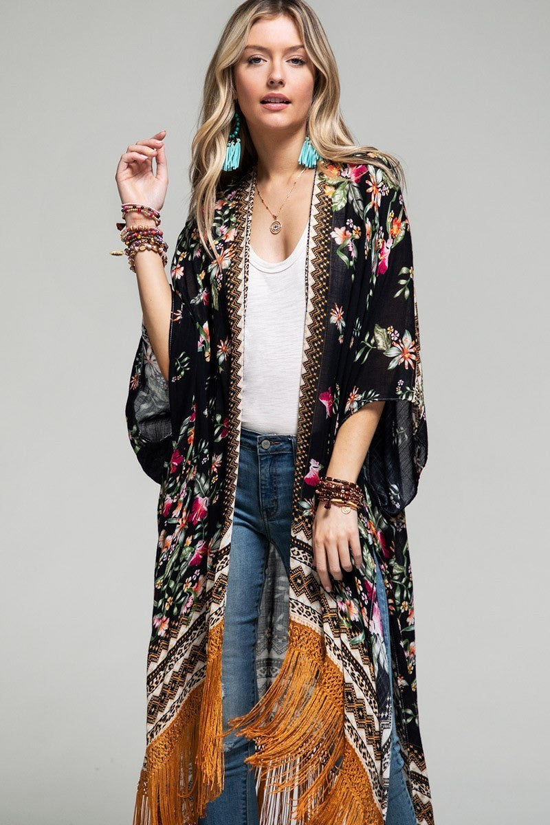 Black Floral Kimono Duster with Tassel