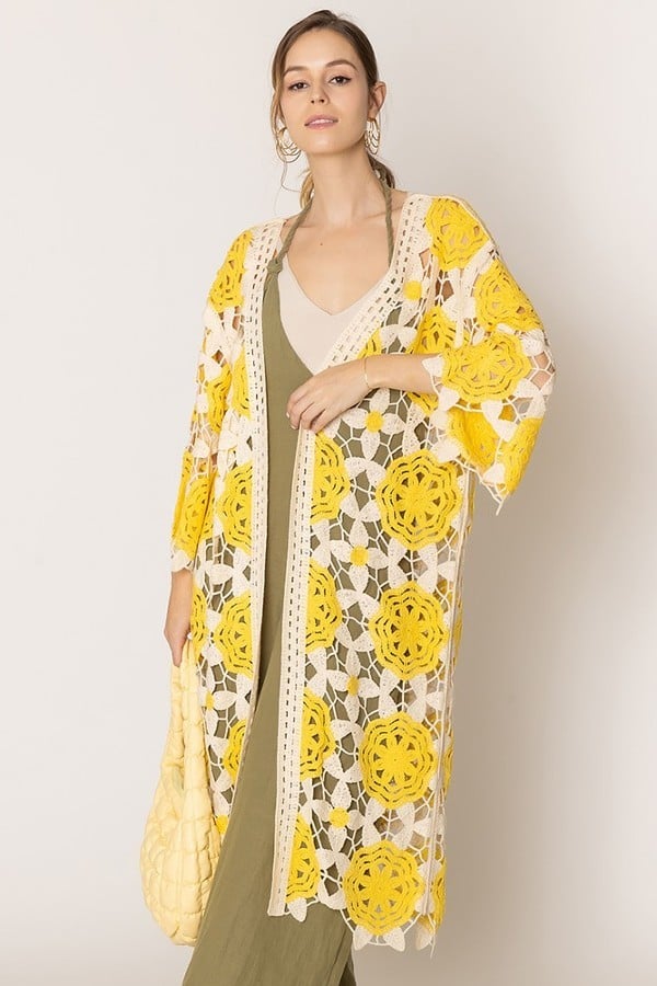 Pink Flower Two Tone Crochet Cardigan