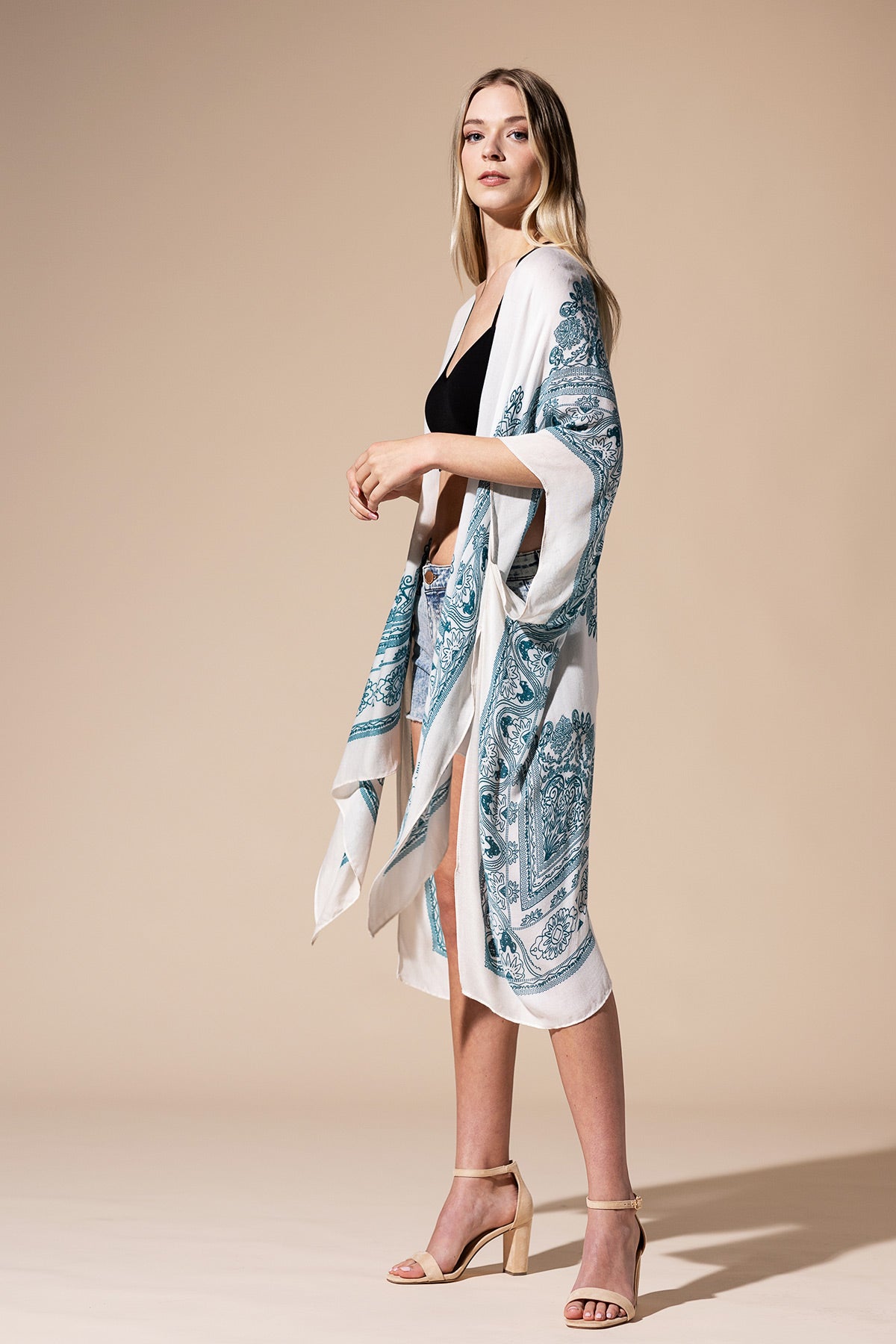 Semi-sheer woven kimono in teal green and mandala pattern