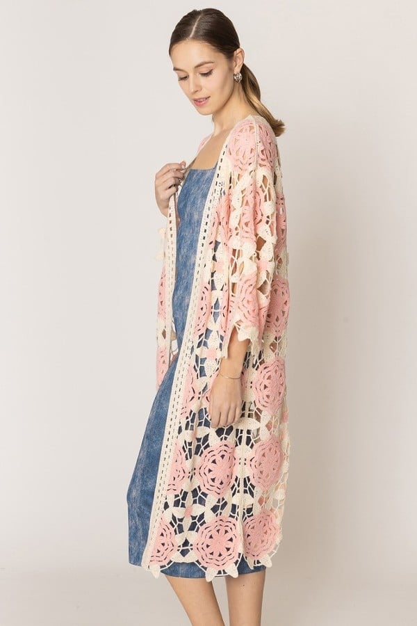Pink Flower Two Tone Crochet Cardigan