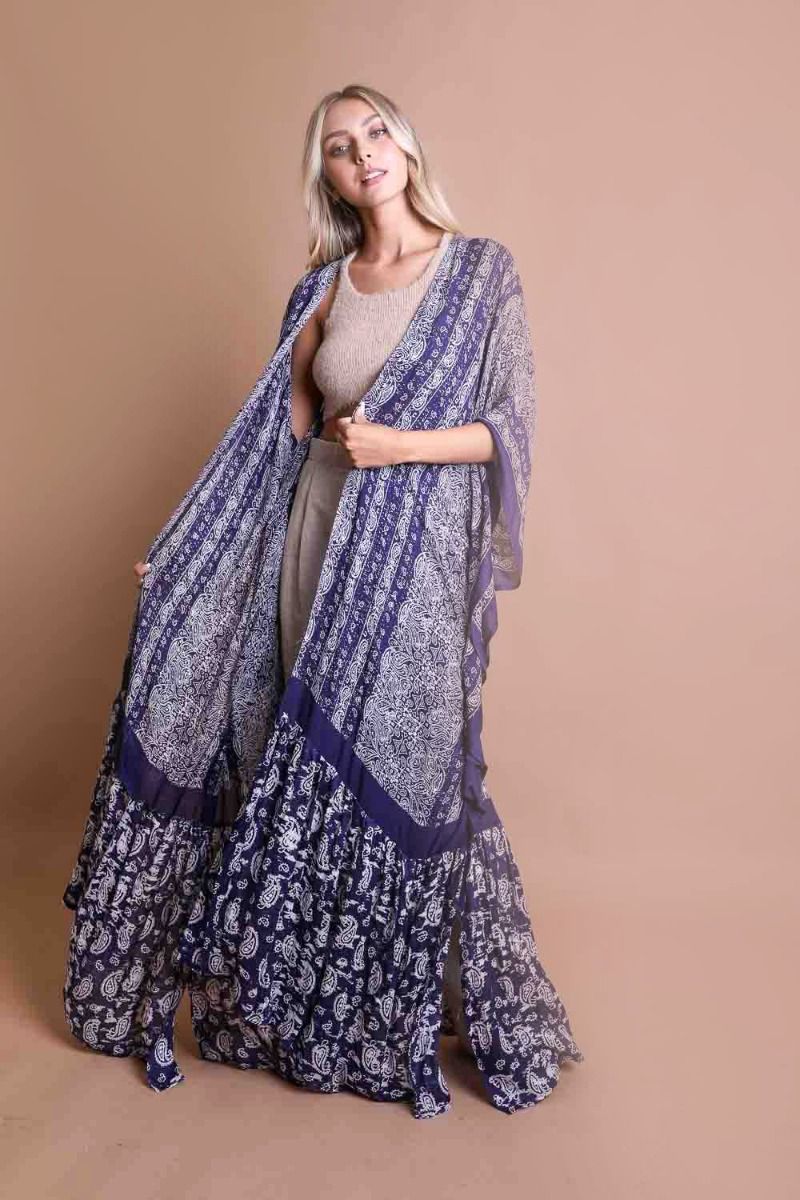 Ruffle Hem Kimono Duster with Paisley Pattern