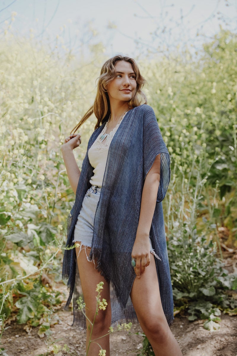 Blue Kimono Duster with Striped Pattern