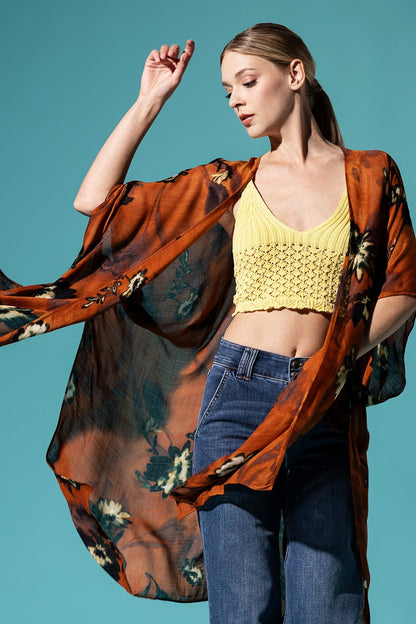 Airy Teal Floral Kimono