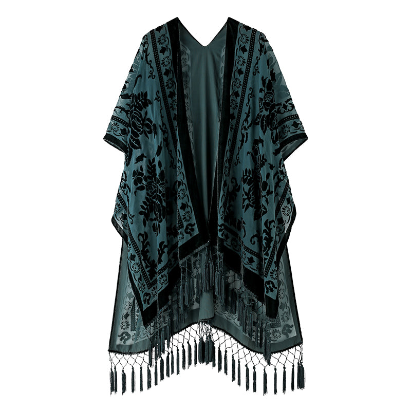 Velvet Mesh Tapestry Kimono: Luxe Tassel Accents