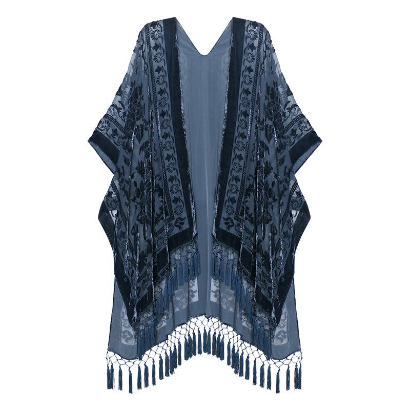 Velvet Mesh Tapestry Kimono: Luxe Tassel Accents