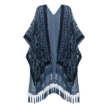Velvet Mesh Tapestry Kimono: Luxe Tassel Accents