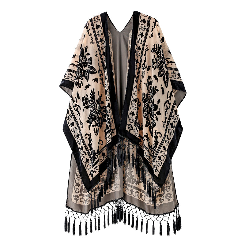 Velvet Mesh Tapestry Kimono: Luxe Tassel Accents