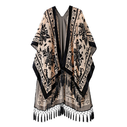 Velvet Mesh Tapestry Kimono: Luxe Tassel Accents