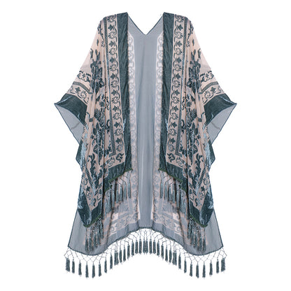 Velvet Mesh Tapestry Kimono: Luxe Tassel Accents