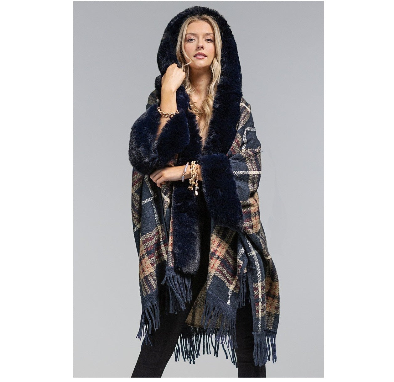 Fur Hooded Heavy Poncho