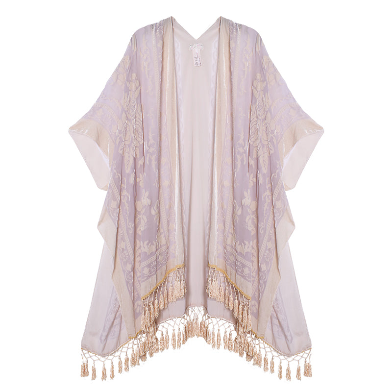 Velvet Mesh Tapestry Kimono: Luxe Tassel Accents