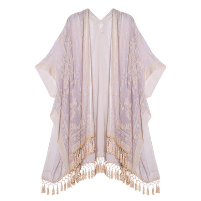 Velvet Mesh Tapestry Kimono: Luxe Tassel Accents