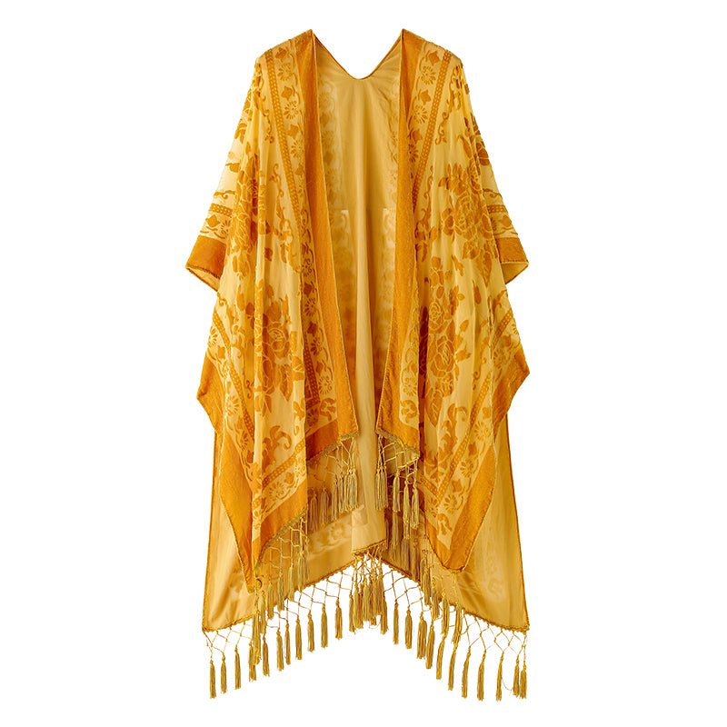 Velvet Mesh Tapestry Kimono: Luxe Tassel Accents