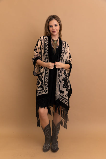 Velvet Mesh Tapestry Kimono: Luxe Tassel Accents