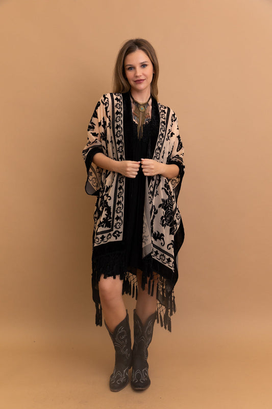 Velvet Mesh Tapestry Kimono: Luxe Tassel Accents
