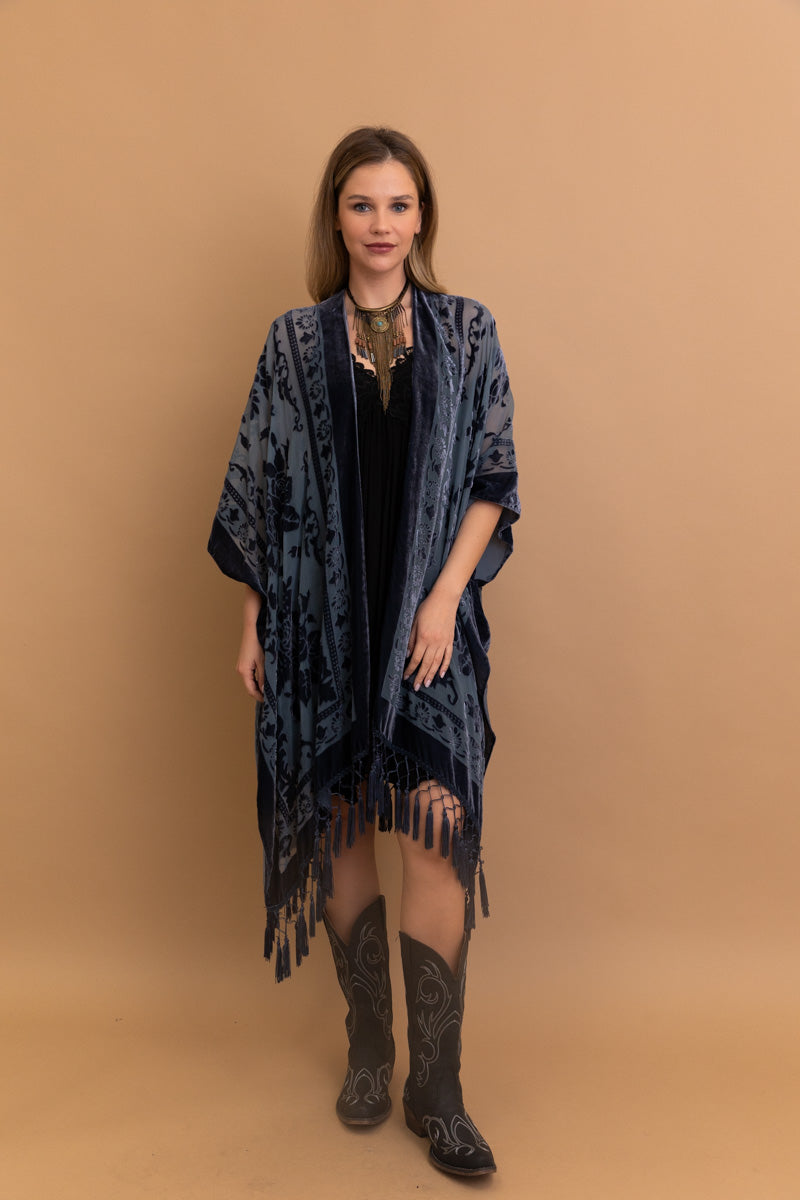 Velvet Mesh Tapestry Kimono: Luxe Tassel Accents