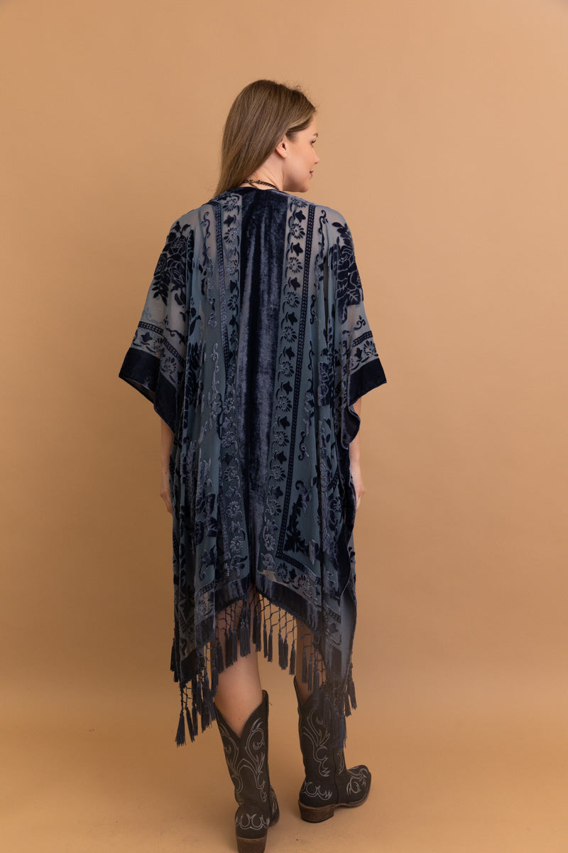 Velvet Mesh Tapestry Kimono: Luxe Tassel Accents