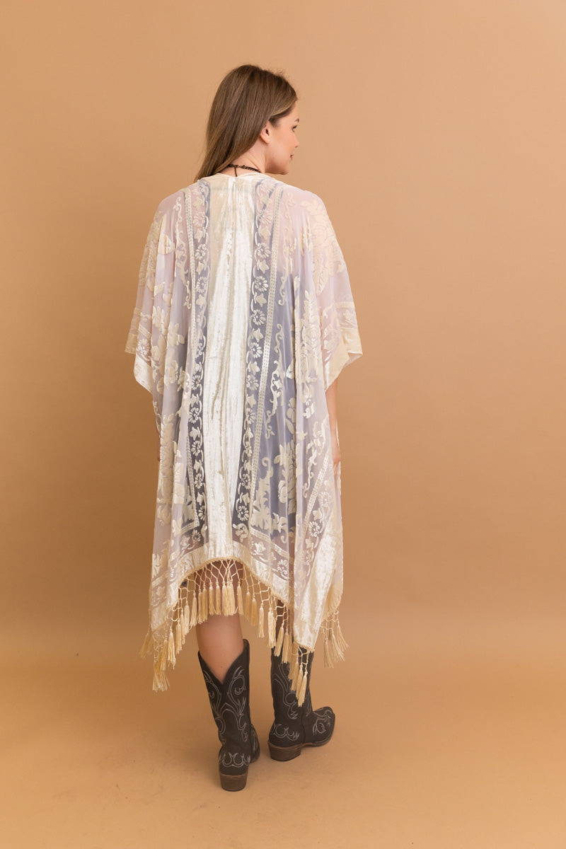 Velvet Mesh Tapestry Kimono: Luxe Tassel Accents