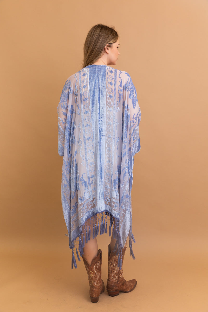 Velvet Mesh Tapestry Kimono: Luxe Tassel Accents