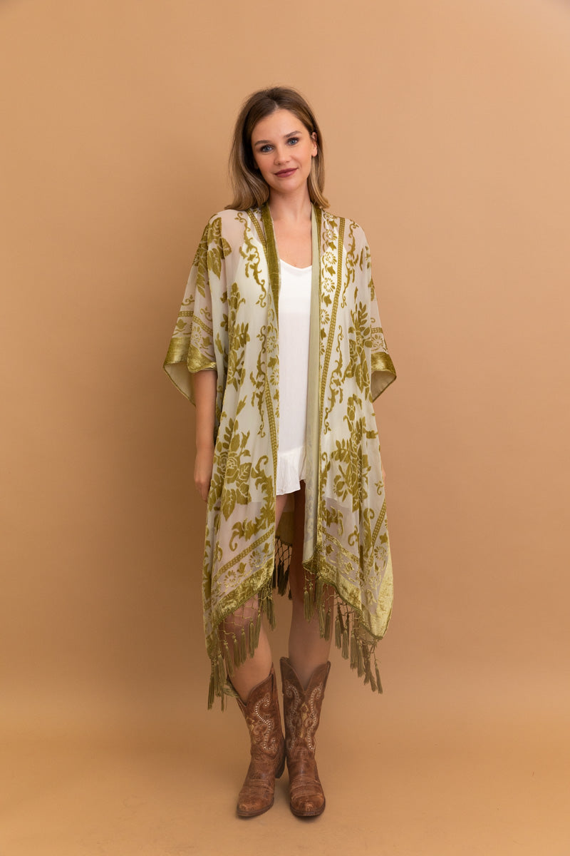 Velvet Mesh Tapestry Kimono: Luxe Tassel Accents