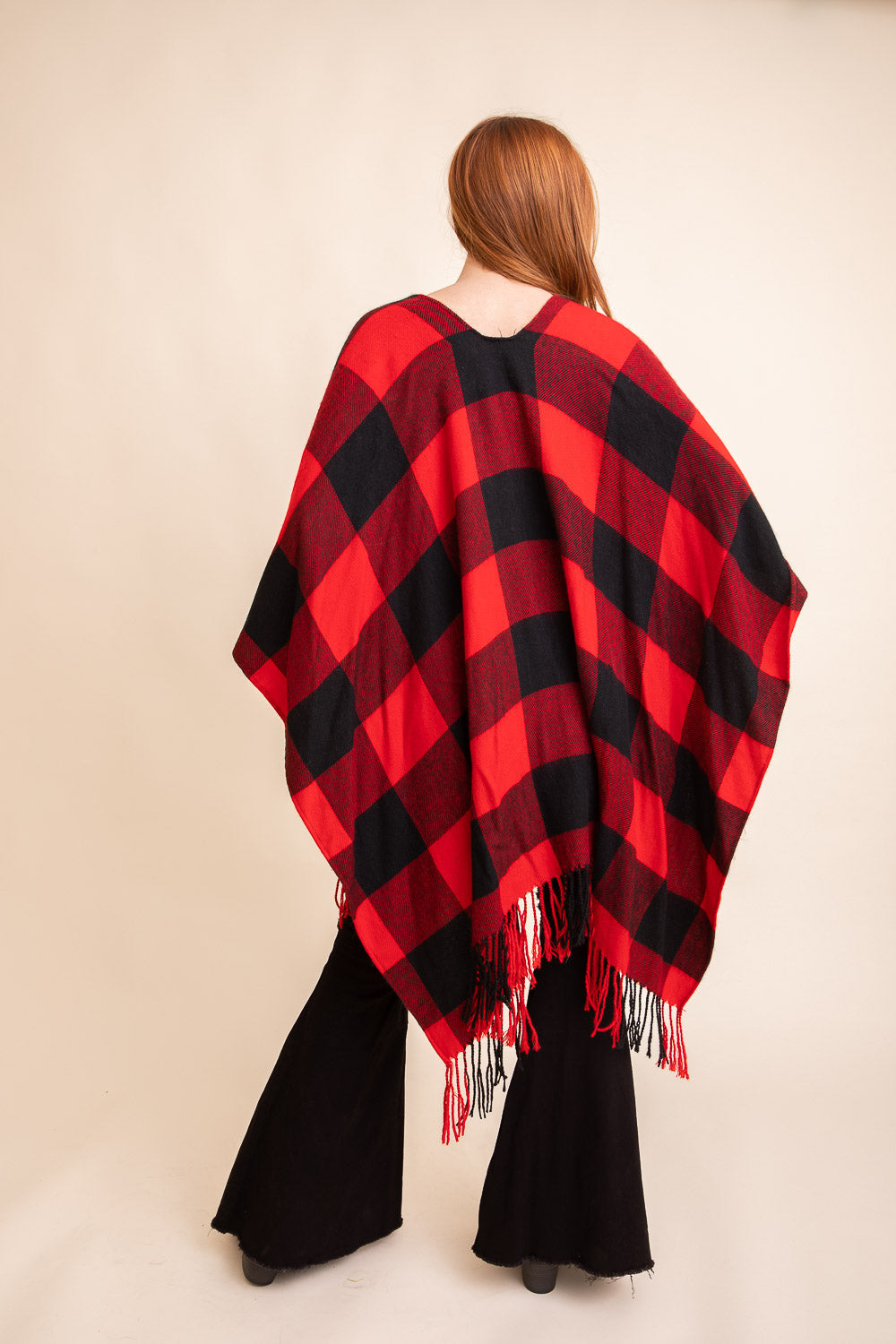 Buffalo Check Tassel Poncho Beige Black
