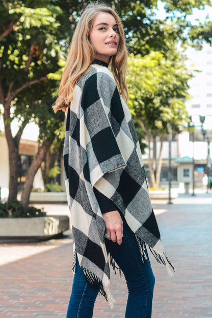 Buffalo Check Tassel Poncho Beige Black