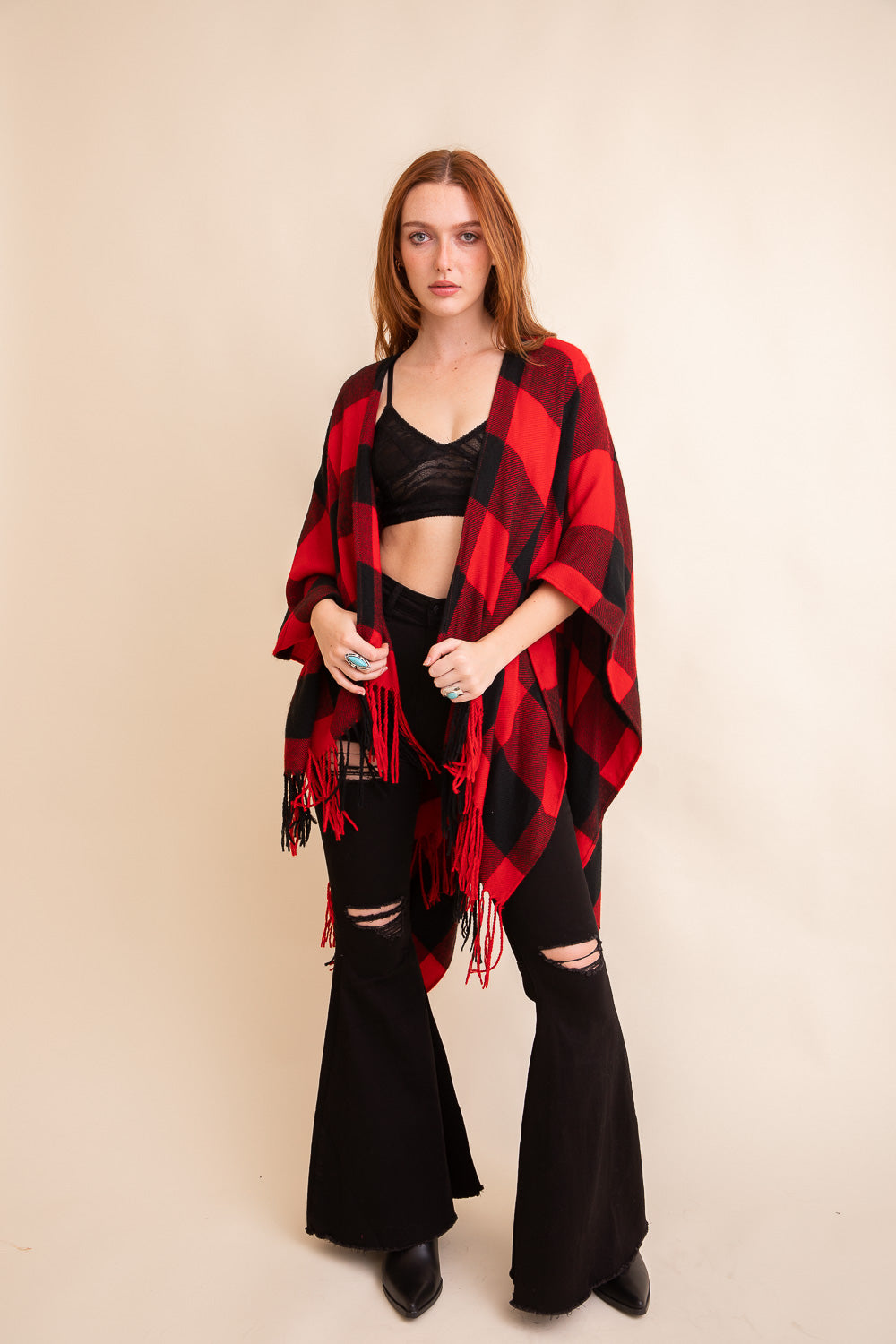 Buffalo Check Tassel Poncho Beige Black