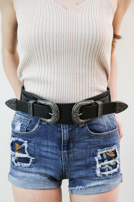 Double Western Buckle Belt with Elastic Waistband