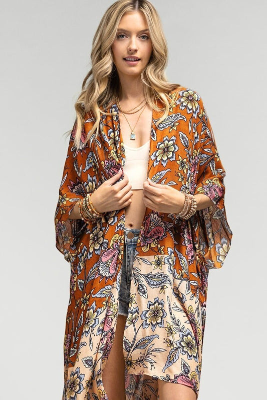 Lightweight Kimono Duster with Little Flowers in Taupe Brown Color